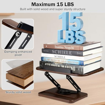 Book Stand with Light & Storage, Book Holders for Reading Hands Free | bible stand holder, wooden cookbook stand, adjustable Height, 360 °Angle, for Recipe Magazine Laptop Tablet Bible
