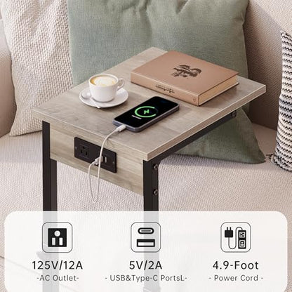 Vagusicc C Shaped End Table with Charging Station, Adjustable Height Side Table for Couch, C Table End Table Couch Table that Slide Under, Sofa Table TV Tray Arm Tables for Living Room, Bedroom, Gray - color: Greige, style: Charging Station
