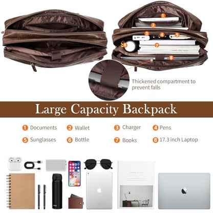Faux Leather Messenger Bag for Men 17-17.3 Inch: Convertible 3 in 1 Backpack Laptop Bag Briefcase Computer Handbags Shoulder Crossbody Bag with Padded Laptop Sleeve for Work College Travel, PU Coffee - color: Pu Brown Coffee