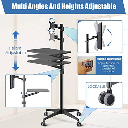 Mobile Desk Workstation,Mulitiuse Rolling Laptop Floor Stand,34"-48.6" Height Adjustable,Compatible with 17"-27" Monitor&12"-17" Laptop,21"×14" Desk Board,Maxload 17.6lbs,4 Lockable Wheels