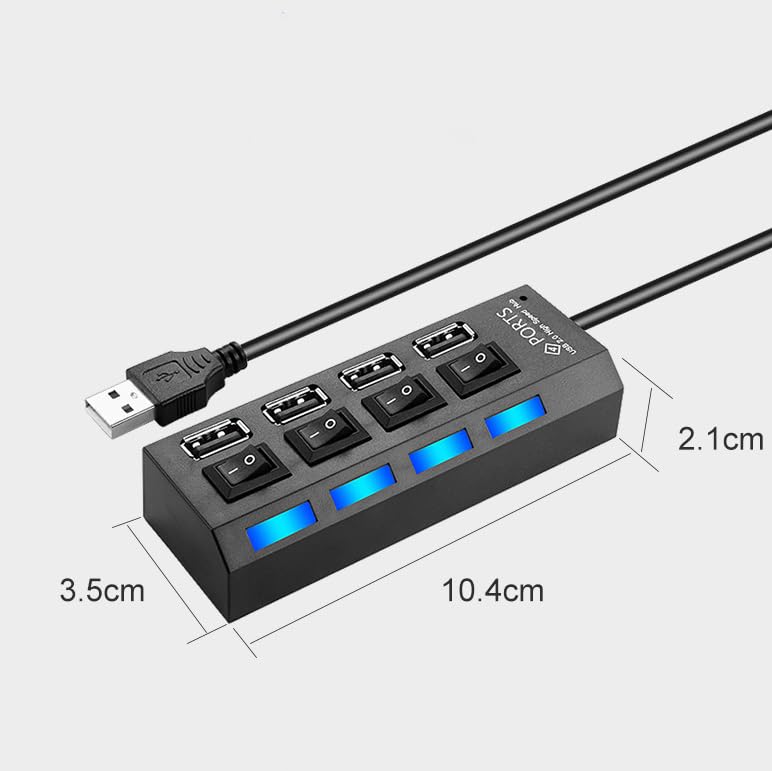 4-Port USB Hub 3.0,USB Hub Splitter with Individual On/Off Switches and Lights Compatible with Laptop,PC,Flash Drive,Mobile HDD