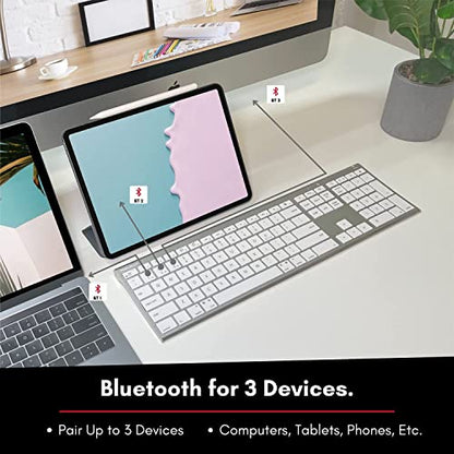 Macally Wireless Bluetooth Keyboard for Mac - Compatible Apple Keyboard or MacBook Pro/Air, iMac - Multi-Device, Up to 3 Devices with 110 Keys, 20 Shortcuts, Numeric Keypad, and Rechargeable - Silver - color: Aluminum Silver