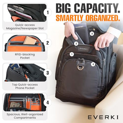 EVERKI Atlas Wheeled 2 Laptop Rolling Backpack for Men & Women, Black - 30L | Polyester, Unisex Professional Design, Padded compartment, RFID, Roller, Business & Work, Travel-Friendly, Fits 13\"-17.3\" - size: Atlas Wheeled V2 - 30L
