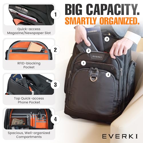 EVERKI Atlas Wheeled 2 Laptop Rolling Backpack for Men & Women, Grey - 30L | Polyester, Unisex Professional Design, Padded compartment, RFID, Roller, Business & Work, Travel-Friendly, Fits 13\"-17.3\" - size: Atlas Wheeled V2 - Grey - 30L