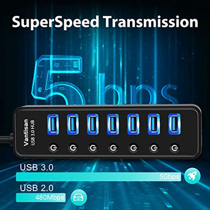 USB Hub 3.0 Powered, 7 Ports USB Data Hub Splitter with One Smart Charging Port and 5V/4A Powered Adapter and ON/Off Switches for MacBook, Mac Pro/Mini, iMac, Surface Pro Laptop/PC - color: black