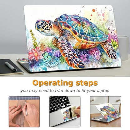 Universal Laptop Skin Sticker with 2 Wrist Pad Decals, 3-Piece Removable Vinyl Laptop Cover, Watercolor Turtle Waterproof Anti-Scratch, Easy-Trim Fit for 13.3" 14" 15.6" Laptops - color: Watercolor Turtle