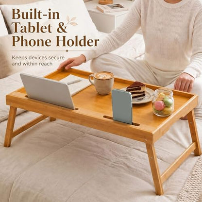Bamboo Bed Tray Table with Adjustable Height Extra Large Breakfast Food Tray with Folding Legs, Media Slot & Handle, 30.3 x 15 Inch Laptop Desk for Eating, Working, Sofa, Couch, Bed