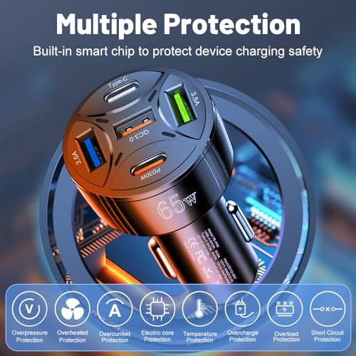 Super Fast Charging USB-C Car Charger Adapter, 65W 5-in-1 Multi-Port PD30W & QC3.0 Cigarette Lighter USB Charger for iPhone/Android/Samsung/iPad Pro (Black) - color: Black
