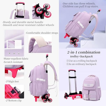 MITOWERMI Rolling Backpack for Girls, Backpack with Wheels for Boys, Kids Roller Trolley Bags Wheeled School Bookbag Blue-6 wheels