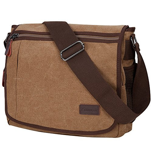 Modoker Messenger Bag for Men, 13 Inches Laptop Satchel Bags, Canvas Shoulder Bag with Bottle Pocket - color: Brown