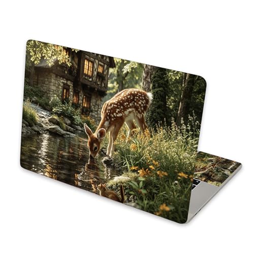 Universal Laptop Skin Sticker for 12/13/14/15.6 Inch Laptops, Reusable Vinyl Laptop Decal Cover, Waterproof Scratch Resistant Notebook Skin with 2 Wrist Pads,Cottage Stream Deer - color: Cottage Stream Deer