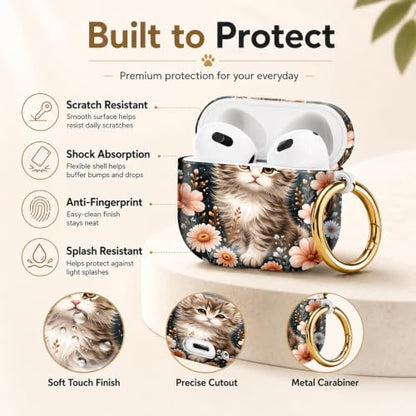 Compatible with AirPod 4 Case 2024, Cute Hard Plastic Protective Cover for Airpod 4th Generation Women, Shockproof Shell Skin with Gold Ring Keychain,Cute Cat Floral - color: Cute Cat Floral