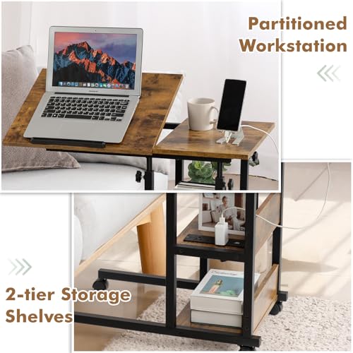 Hadulcet Adjustable C Table with Charging Station, Tiltable Desk C Shaped End Table for Couch, Over Bed Table with Wheels Adjustable Height, Hospital Table Laptop Stand Drawing Desk, Rustic Brown - color: Romantic Brown, style: Upgrade