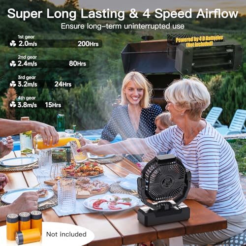 Battery Operated Fan [200H Max], 2 IN 1 D-Cell Battery & USB Powered Fans, Portable Camping Fan with 4 Speeds, Light, Timer, Remote for Outdoor Tent, Travel, Picnic, Office, Bedroom - Black