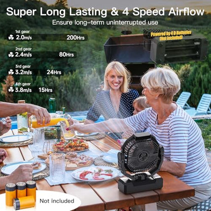 Battery Operated Fan [200H Max], 2 IN 1 D-Cell Battery & USB Powered Fans, Portable Camping Fan with 4 Speeds, Light, Timer, Remote for Outdoor Tent, Travel, Picnic, Office, Bedroom - Black