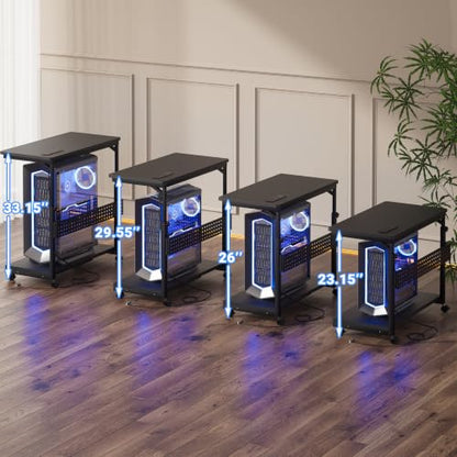 Besiost Computer Tower Stand with Outlets, PC Stand for Floor, 24" | 4 Levels Manual Height Adjustable PC Stand for Carpet Under Desk, Rolling Computer Cart with Wheels, Carbon Fiber Black - size: 24"