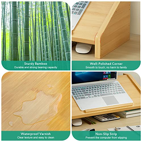 Ufine Bamboo Laptop Stand for Desk with Storage Computer Monitor Riser | 3 Heights Adjustable, Notebook Printer Stand Desktop Organizer for Home Office