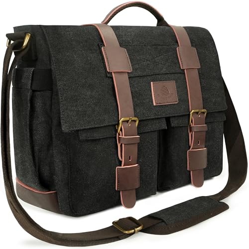 Messenger Bag for Men, 15.6" Canvas Laptop Bag, College Satchel Bag | Features 10+ functional compartments, Side Water Bottle Pockets, Unique Vintage Style, Adjustable Shoulder Strap - color: Charcoal Black, size: 15.6''