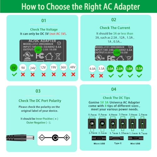 DC 5V Power Supply, 5Volt 3A 2A 1A Adapter, 100-240V AC to DC 5V Charger Cord, fit for 5 Volt 0.5a 500ma 1.0a 1000ma 1.5a 1500ma 2a 2000ma 2.5a 2500ma 3a 3000ma Electronic Devices with 8 Tips.