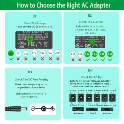 DC 5V Power Supply, 5Volt 3A 2A 1A Adapter, 100-240V AC to DC 5V Charger Cord, fit for 5 Volt 0.5a 500ma 1.0a 1000ma 1.5a 1500ma 2a 2000ma 2.5a 2500ma 3a 3000ma Electronic Devices with 8 Tips.