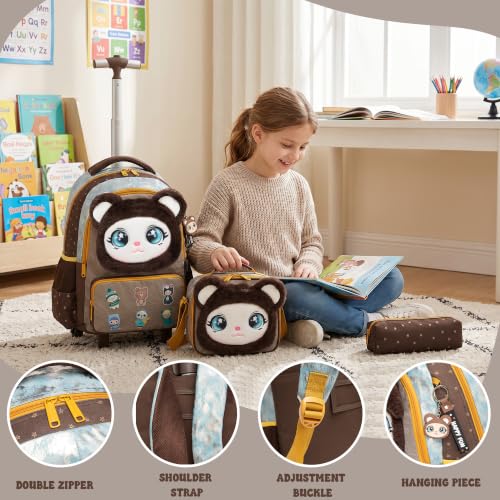 Meetbelify Rolling Backpack for Girls Backpacks with Wheels for Elementary Student Kids School Travel Bag for Girls Ages 6-8 Years Old - color: Brown