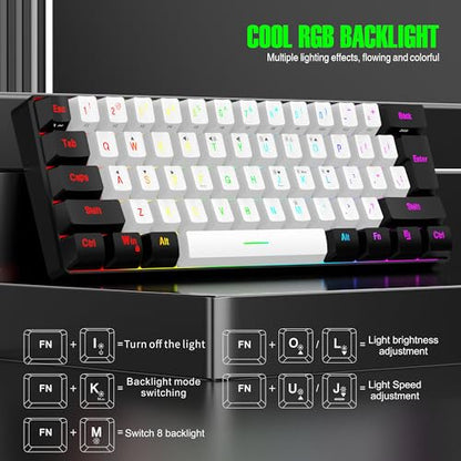 7KEYS 60% Wired Mini Gaming Keyboard, 14+ Mode RGB Light up, 25 Keys Anti-ghosting Mechanical Feel, Portable Ultra Compact 61-Key Black and White for Office Computer/PC/MAC/Laptop