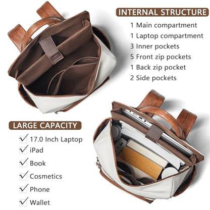 Shrrie Upgraded Large Travel Laptop Backpack with Laptop Compartmetn Fits 17 inch Laptop,Waterproof Vegan Leather Computer Backpack for Women and Men Work Business College - color: Beige With Brown