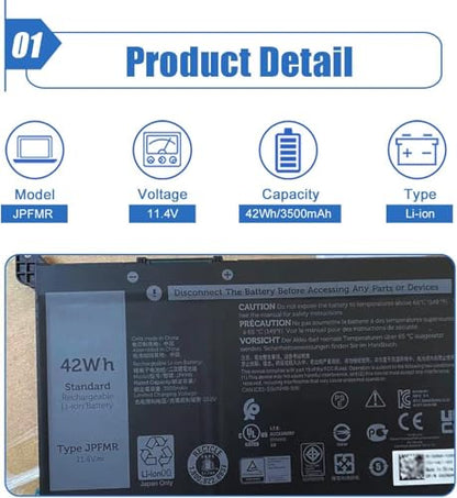 42Wh JPFMR laptop Battery Replacement for Dell Chromebook 3400 3100 2-in-1 | For Chromebook 5488 5493 5593 Series, 0JPFMR 7T0D3 07T0D3 7MT0R 7MTOR 16DPH 65N6H DN33X RDNP5, 11.4V 3500mAh - size: 7.56*4.02*0.20 inch JPFMR