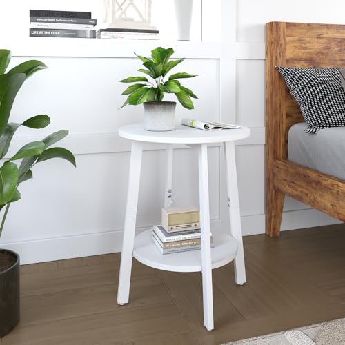 sthmec Side Table Set of 2, Small Round End Table with Storage Shelf for Small Space, 2-Tier Bedside Table Sofa Couch Table, Round Nightstands Set 2 Accent Table for Living Room, Bedroom, White - color: White