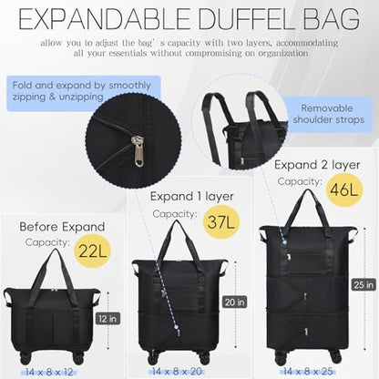 VOOWO Duffel Bag with Wheels - Rolling Foldable Expandable Duffle Bag with Wheels for Travel, Rolling Luggage Bag Carry On Travel Bag with Wheels, Large Wheeled Overnight Weekender Bag (Black) - color: Black