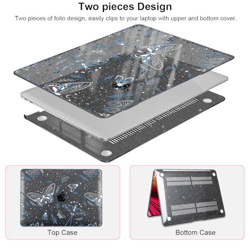 for MacBook Air 13 inch Case 2021 2020 2019 2018 Release M1 A2337 A2179 A1932, Glitter Black Pritned Pattern Hard Case Cover for Mac Air 13 M1 Retina Display with Touch ID, Butterfly Sky - color: Butterfly Sky