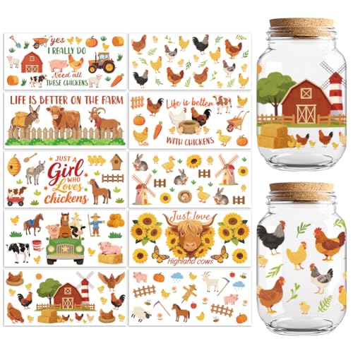 Peacoblue UV DTF Cup Wraps Transfer Stickers Farm Animals and Chickens Pattern, 10 Sheets Waterproof Custom Vinyl Transfer Sticker 16oz Coffee Glass Cup Tumbler Bottle Mug Decals for Men Women - style: Farm Animals and Chickens