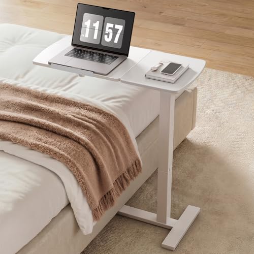 Sakugi Overbed Bedside Table with Wheels, Right-Side Tilt Top, Laptop Desk | Home & Office, Hospital Bed Table, Rolling Bed Tray, Height Adjustable, White,12.9" D × 27.6" W × 29.1"–39" H - color: White