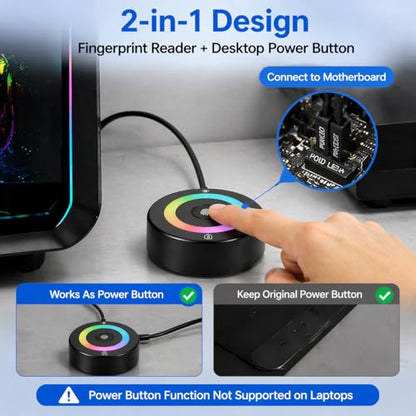 USB Fingerprint Reader for Windows Hello | PC Power Button, RGB Lighting, One-Click Lock, Auto Driver Install, 5ft Extension Cable