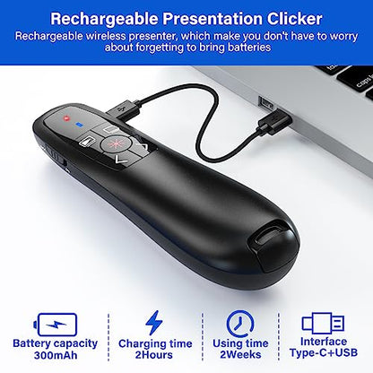 2-in-1 USB Type C Presentation Clicker, Clicker for PowerPoint Presentation | Rechargeable Wireless Presenter Remote , RF 2.4GHz USB PowerPoint Clicker Slide Advancer with Volume Control
