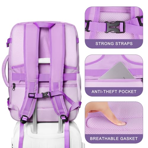 Large Travel Backpack, Laptop Backpack for women, Expandable 52L Carry On Backpack, TSA Water Resistant Weekender 18.4 Inch Laptop Backpack, Anti Theft Business Computer Bag with Port, Purple - color: Purple