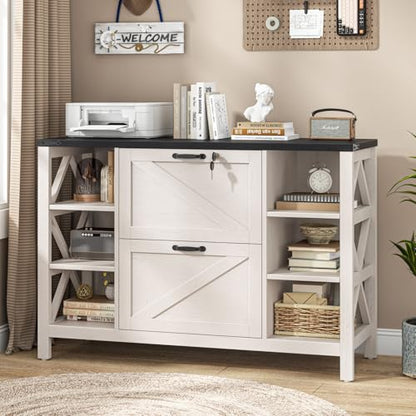 Halitaa 44" Farmhouse Lateral File Cabinet with 2 Drawers, White and Black | Filing Cabinet with Lock for Legal/A4/Letter, Wooden Printer Stand Office Furniture with Adjustable Shelves for Home Office - color: Simple White and Black