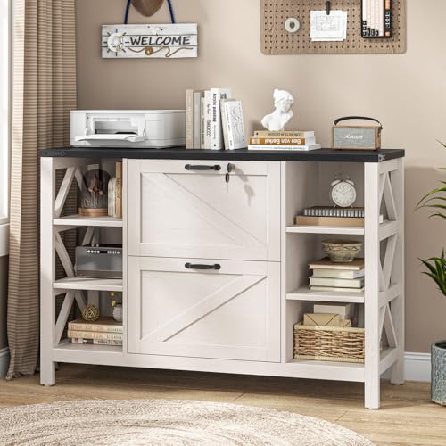 Halitaa 44" Farmhouse Lateral File Cabinet with 2 Drawers, White and Black | Filing Cabinet with Lock for Legal/A4/Letter, Wooden Printer Stand Office Furniture with Adjustable Shelves for Home Office - color: Simple White and Black