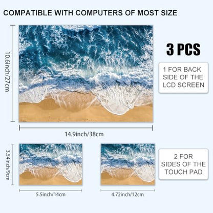 3Pcs Summer Beach Laptop Skin Sticker Coast Universal Removable Vinyl Stickers Fits for 12.1 13 14 15.6 16 Inch Waterproof Notebook Decal Cover Gift - color: sea blue