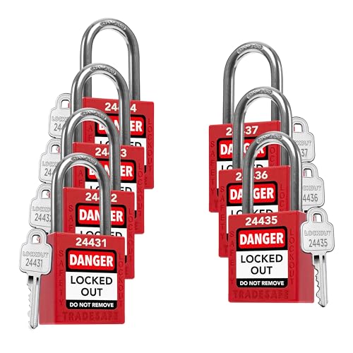 TRADESAFE Lockout Locks, 7 Red Loto Locks Keyed Different, 1 Key Each | Non-conductive Nylon Body, Spring-loaded Stainless Steel Shackle, Key-retaining Cylinder With Multilingual Safety Labels - color: 7-Red, size: 1 Key Per Lock