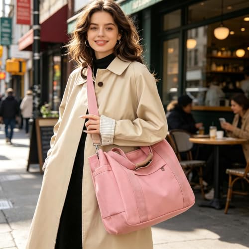 JARKJARD Canvas Crossbody Tote Bag for Women Laptop Work Handbag | Cute Aesthetic Shoulder Messenger Purse with Zipper Pockets and Compartments Great for Daily Travel and Office use - color: Pink