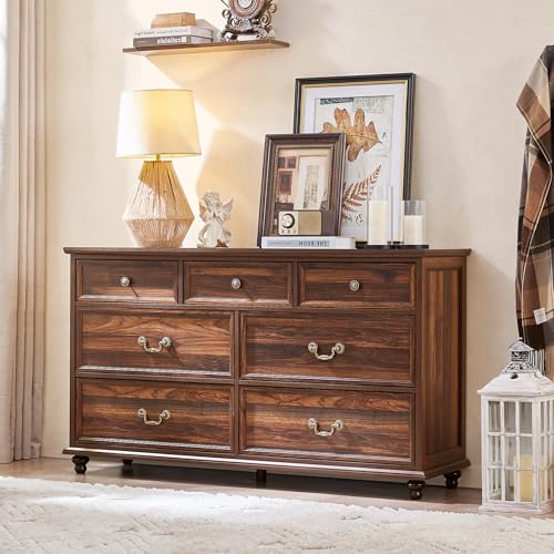 Joaxswe Farmhouse 7 Drawers Dresser for Bedroom, Brown 54 Inch Wide Chest of Drawers w/ 4 Wooden Legs, Large Vintage Rustic Closet Dressers for Living Room, Wood TV Stand with Storage Organizer - color: Brown, size: 16"D x 54"W x 32"H (7 Drawers)