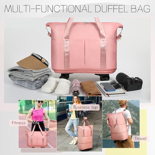 VOOWO Duffel Bag with Wheels - Rolling Foldable Expandable Duffle bags for Travel, Rolling Under Seat Luggage Carry On Travel Bag, Large Wheeled Overnight Weekender Bag (Pink) - color: Pink