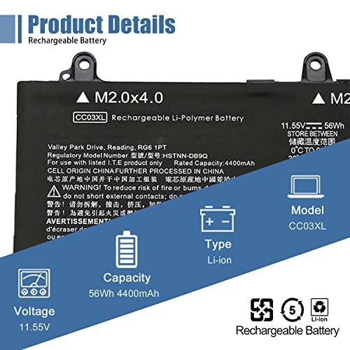 CC03XL 53wh Laptop Battery Replacement for HP ZBook Firefly 15 G7 G8 EliteBook 855 850 G7 G8 Series Notebook HSTNN-UB8W HSTNN-DB9O L77622-2C1 L77622-2C2 L77622-541 L77991-005 11.55V 4400mAh - size: 10.46*2.81*0.27 inch CC03XL