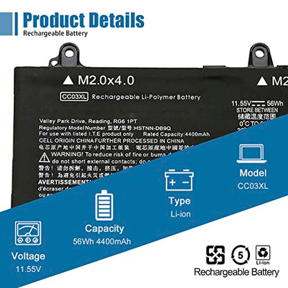 CC03XL 53wh Laptop Battery Replacement for HP ZBook Firefly 15 G7 G8 EliteBook 855 850 G7 G8 Series Notebook HSTNN-UB8W HSTNN-DB9O L77622-2C1 L77622-2C2 L77622-541 L77991-005 11.55V 4400mAh - size: 10.46*2.81*0.27 inch CC03XL