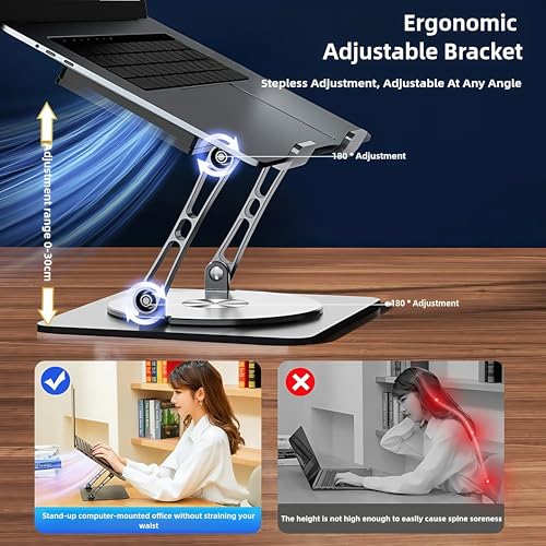 Adjustable Laptop Stand with Cooling Fan & 360 Rotating Base | Ergonomic Laptop Riser for Desk ,Foldable for 10-17'' Computer Gaming/DJ/Office Use - Silver - size: Extra Large