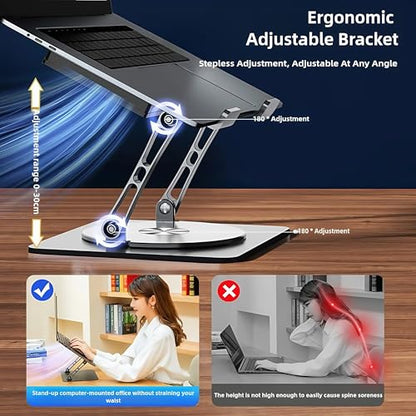 Adjustable Laptop Stand with Cooling Fan & 360 Rotating Base | Ergonomic Laptop Riser for Desk ,Foldable for 10-17'' Computer Gaming/DJ/Office Use - Silver - size: Extra Large