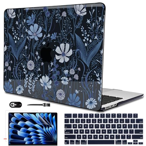 Compatible with 2022 2023 2024 MacBook Air 13.6 inch Case A3113 M3 A2681 M2, Crystal Printed Pattern Plastic Hard Case Cover for MacBook 13.6 inch Air 2024 M3 Touch ID, Wild Flowers Black - color: Wild Flowers Black