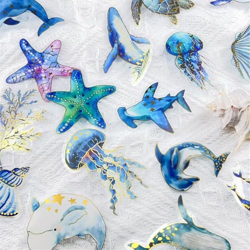 50PCS Cute Marine Life Gold-Embossed Waterproof Stickers for Water Bottle, Cool Marine Creatures Transparent Stickers Pack for Laptop, Scrapbook, Ocean Animal Blue Golden Decals Gift (Colourful-B7) - color: Colourful-b7