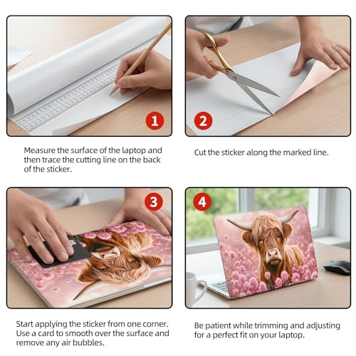 Universal Laptop Skin Sticker Decal, 12"-15.6" Aesthetic Vinyl Wrap, Highland Cow Pink Flowers Waterproof Notebook Cover Art Protector for MacBook HP Dell Lenovo, Fits 13" 14" 15" 15.6" - color: Highland Cow Pink Flowers